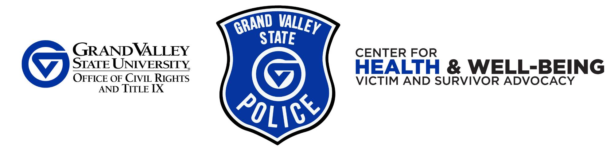 Office of Civil Rights & Title IX, GVPD Shield, and Center for Health and Well-Being Victim and Survivor Advocacy logo together in a horizontal line.